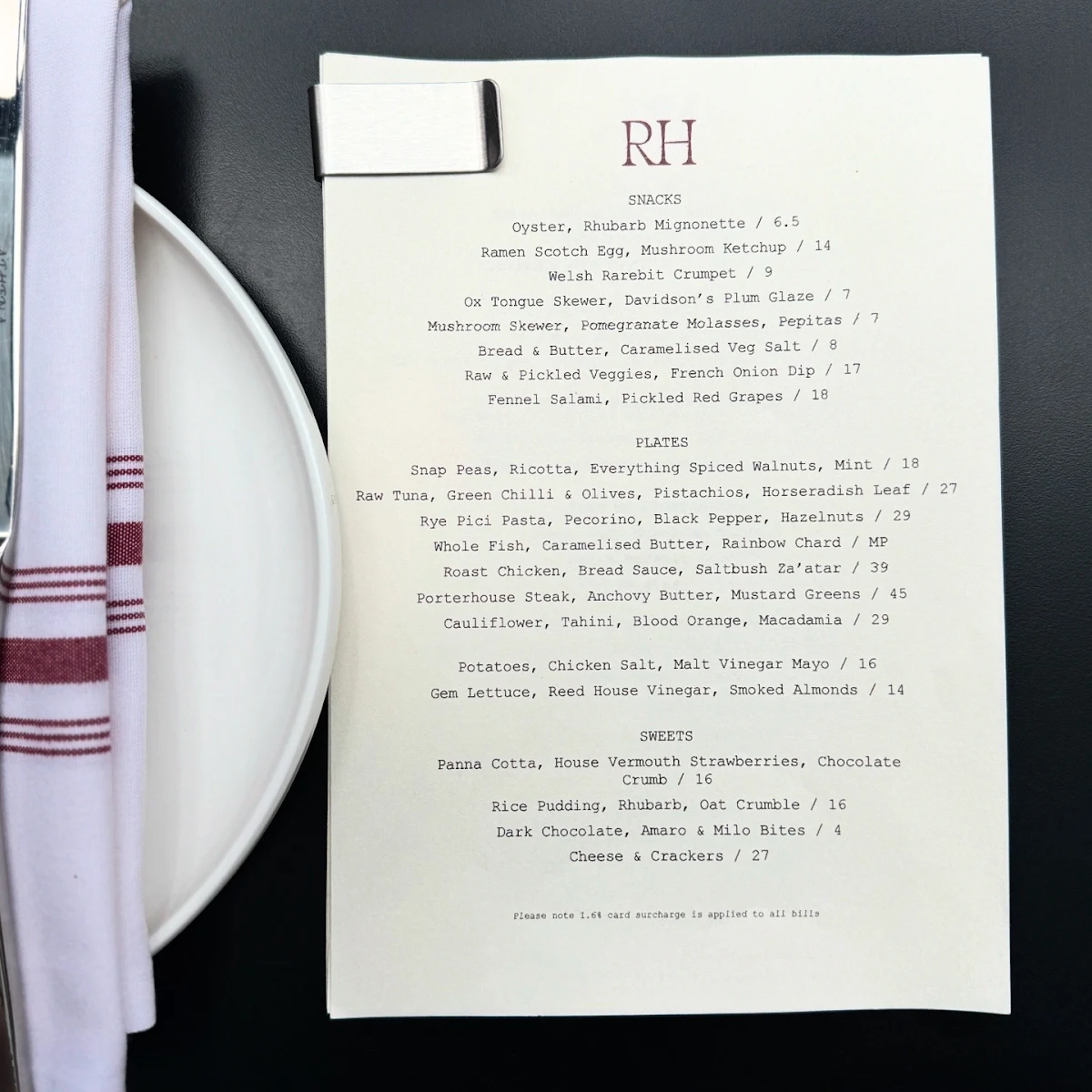 Menu, Reed House