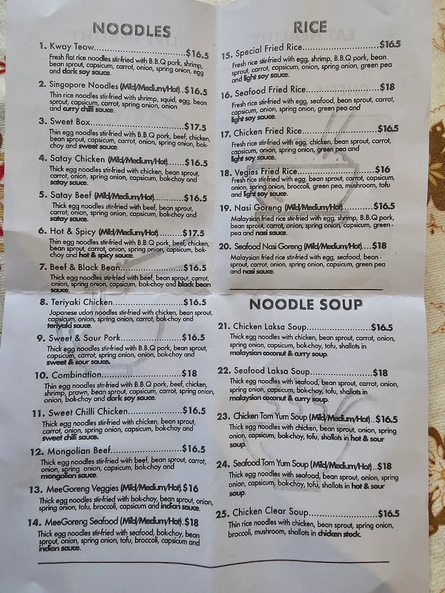 Menu, Delahey Noodle Bar
