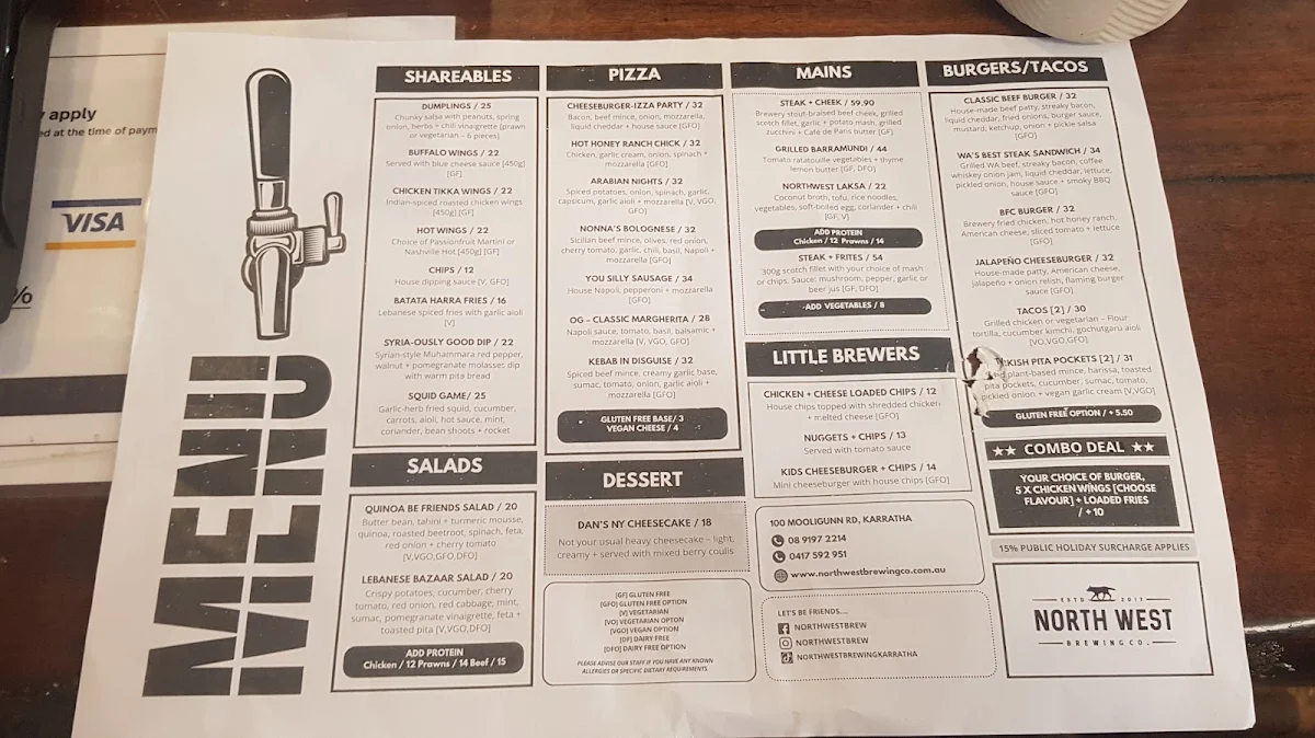 Menu, North West Brewing Company