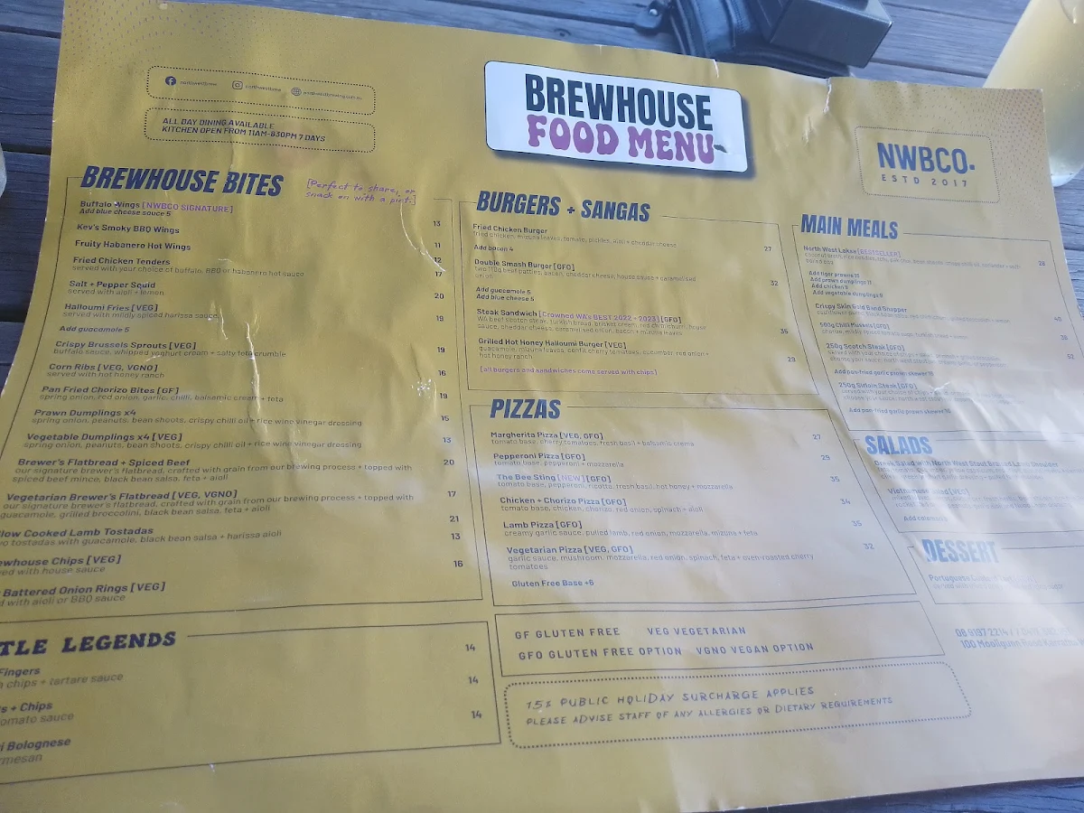 Menu, North West Brewing Company