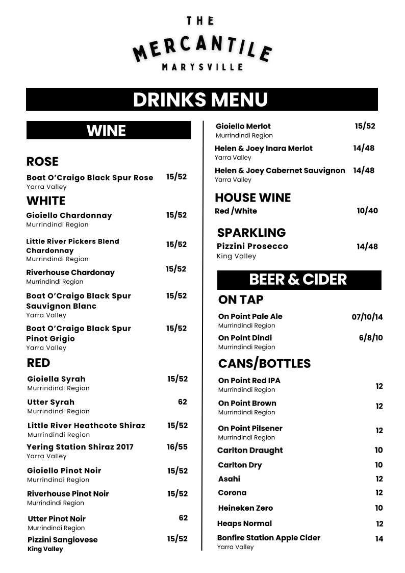 Menu, The Mercantile Marysville