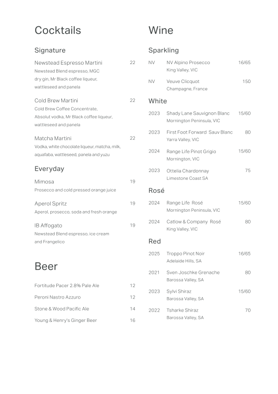 Menu, Industry Beans Newstead