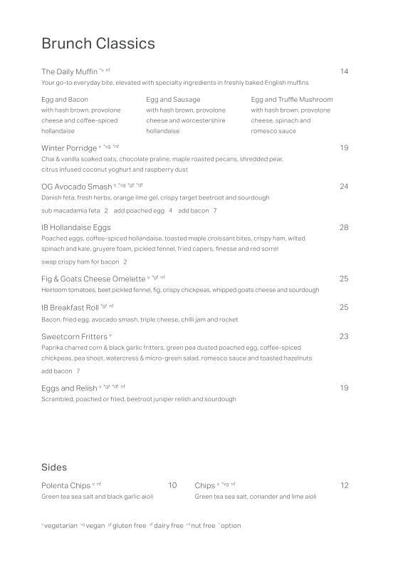 Menu, Industry Beans Newstead