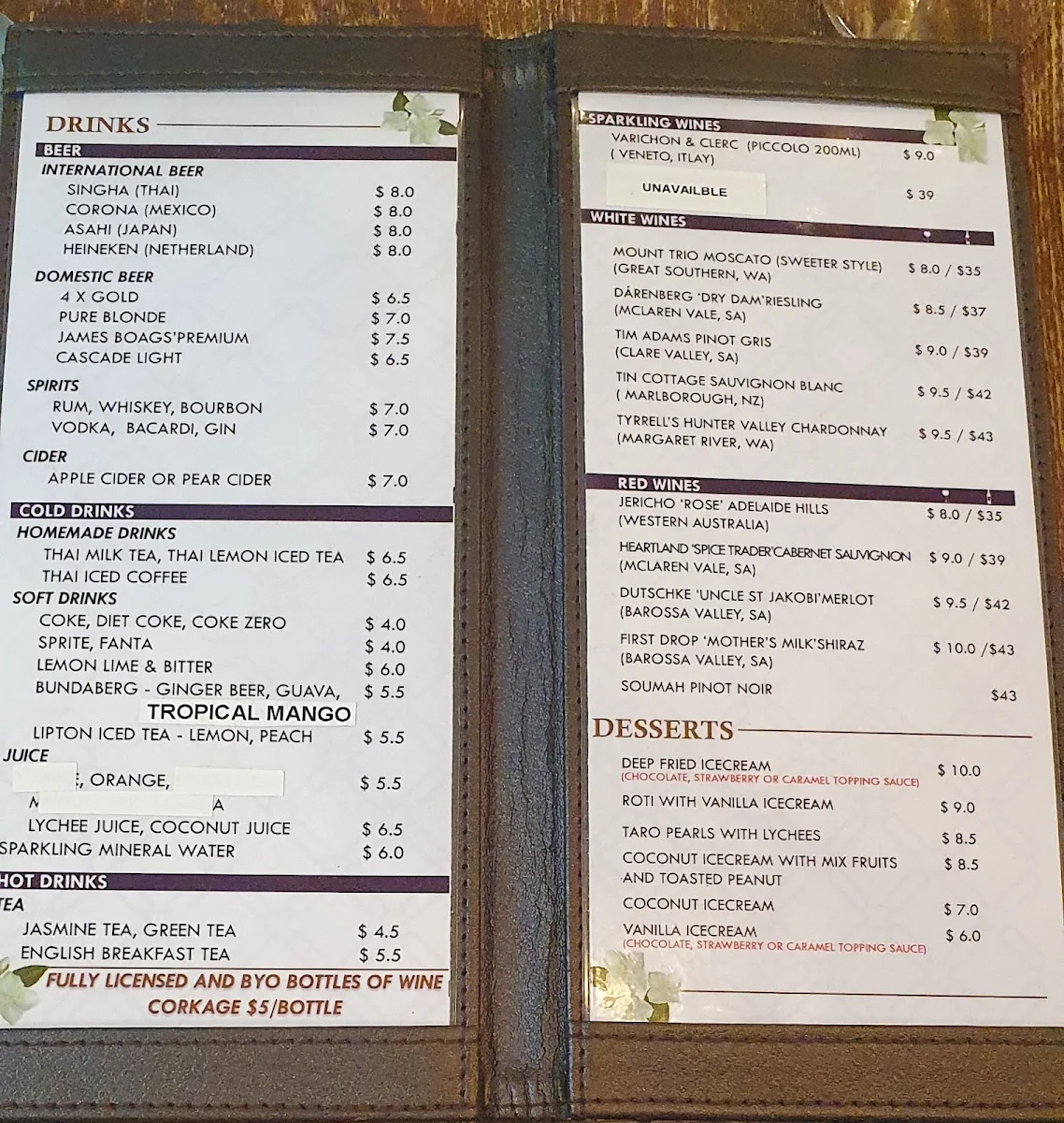 Menu, Thai Malila Oxley