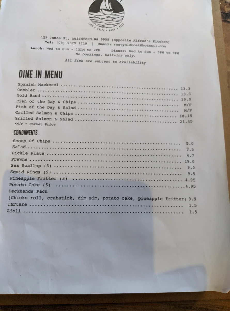 Menu, Rusty Old Boat Fish & Chips