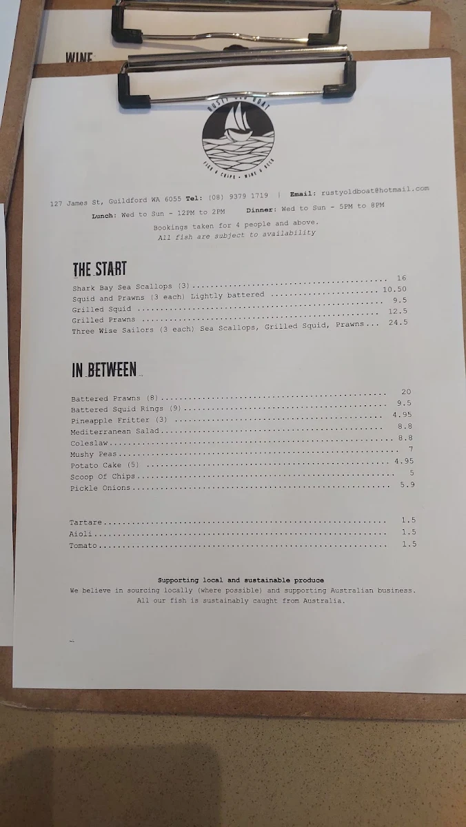 Menu, Rusty Old Boat Fish & Chips
