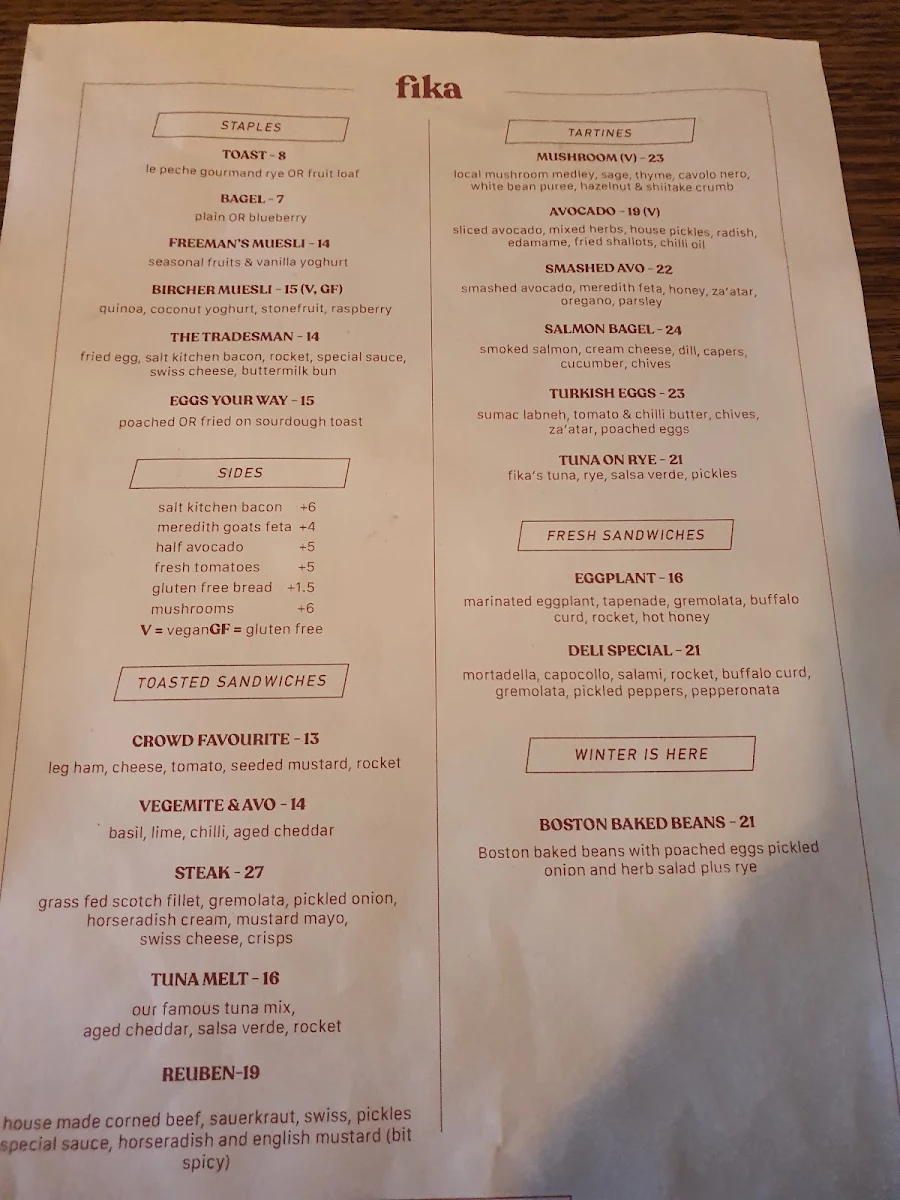 Menu, Fika Coffee Brewers