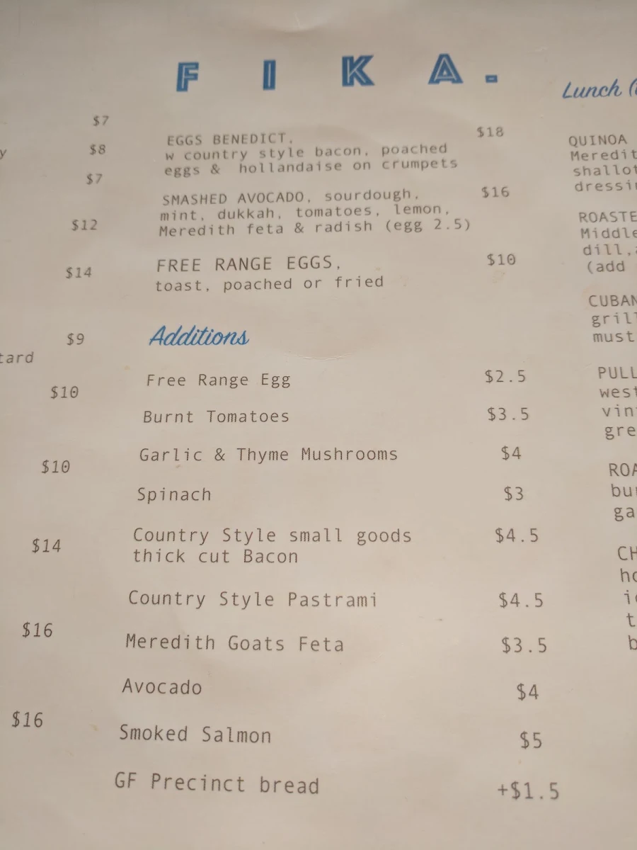 Menu, Fika Coffee Brewers
