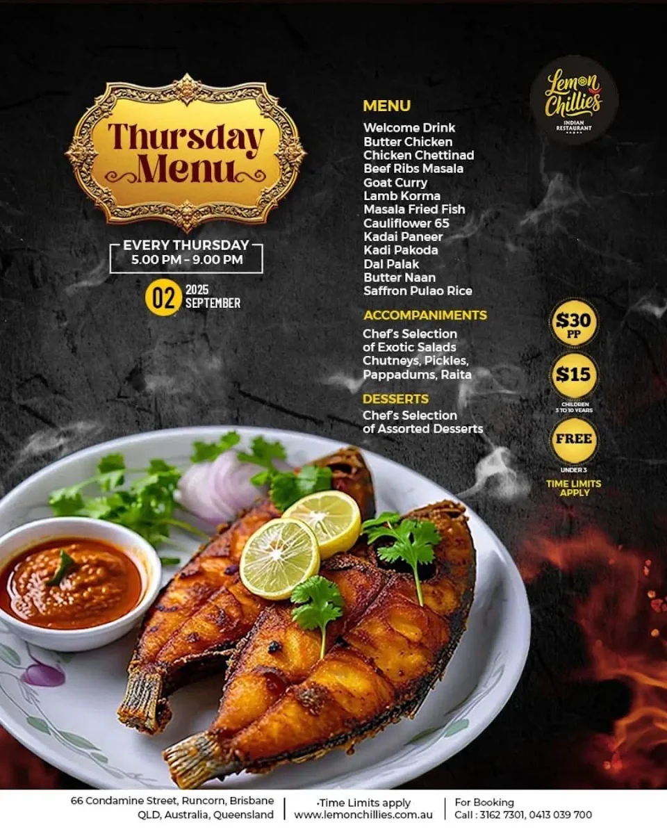 Menu, Lemon Chillies Indian Restaurant