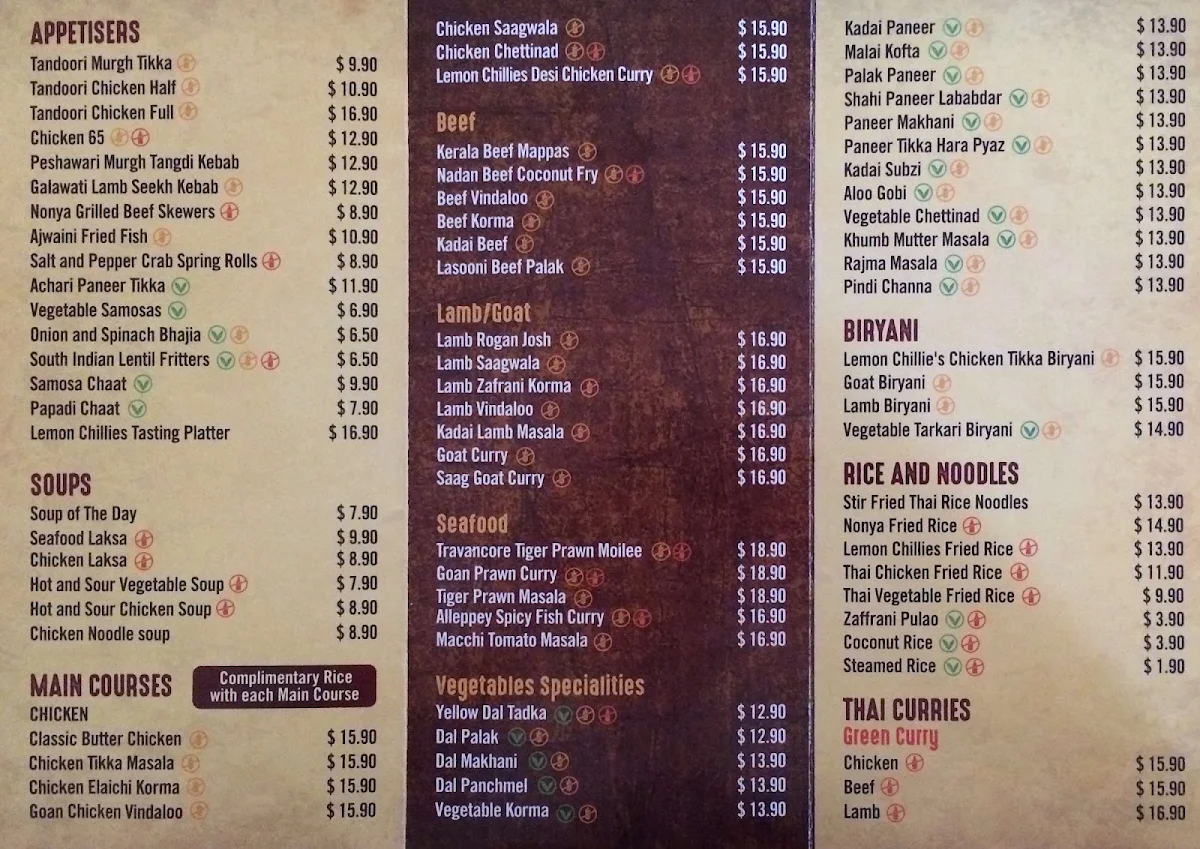 Menu, Lemon Chillies Indian Restaurant