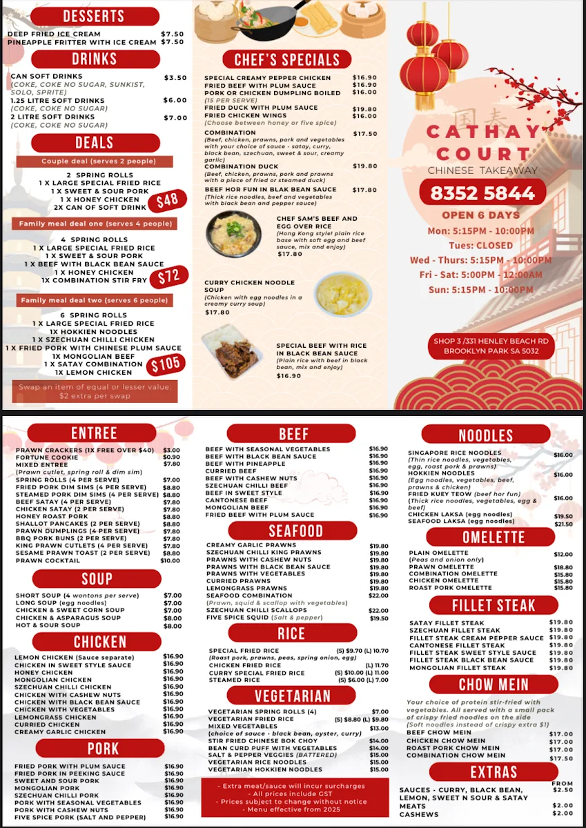Menu, Cathay Court Chinese Takeaway