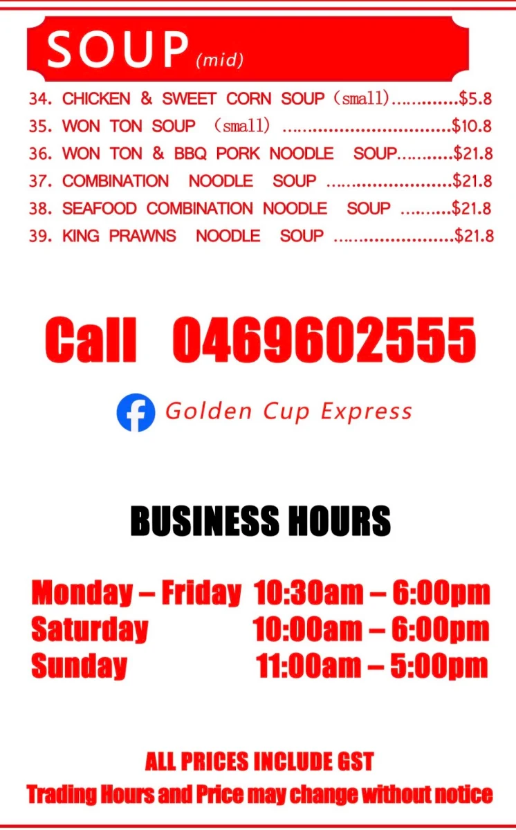 Menu, Golden Cup Express