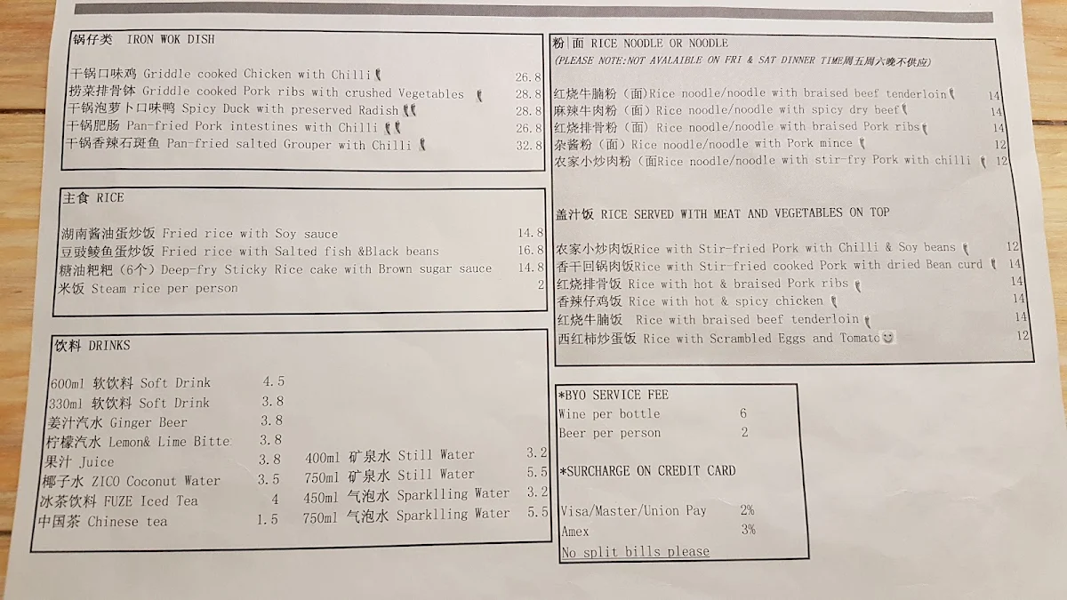 Menu, Chilli Panda