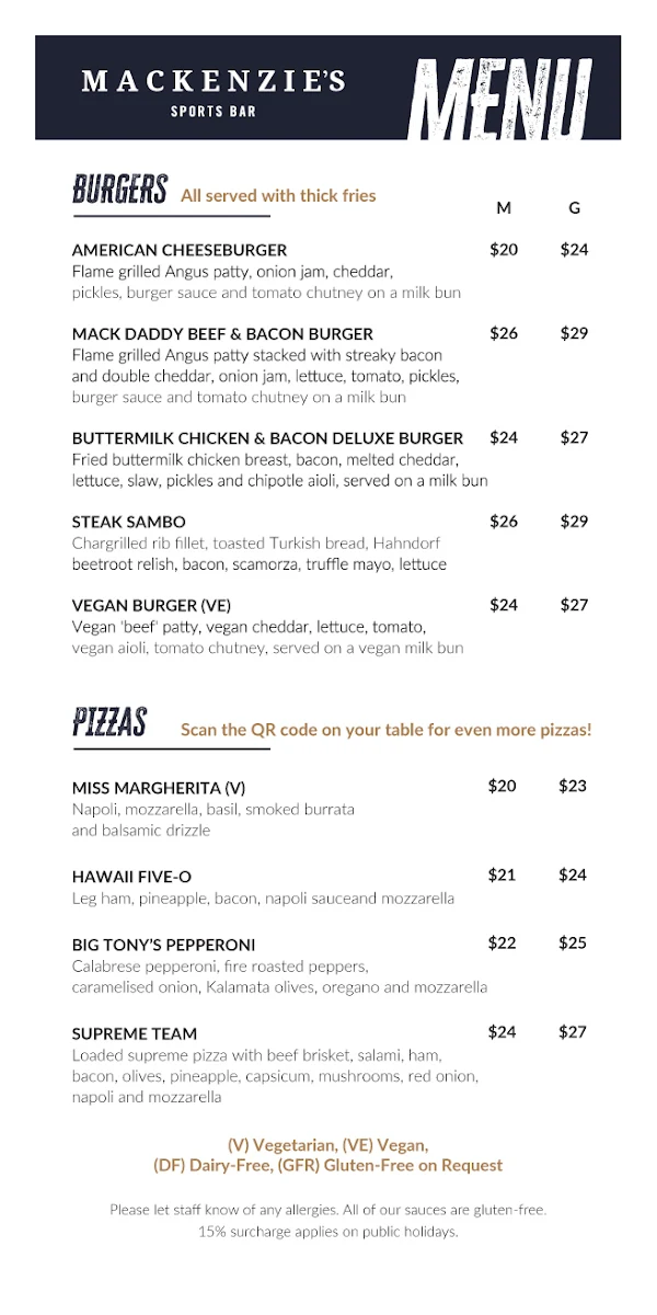Menu, Mackenzie's Sports Bar