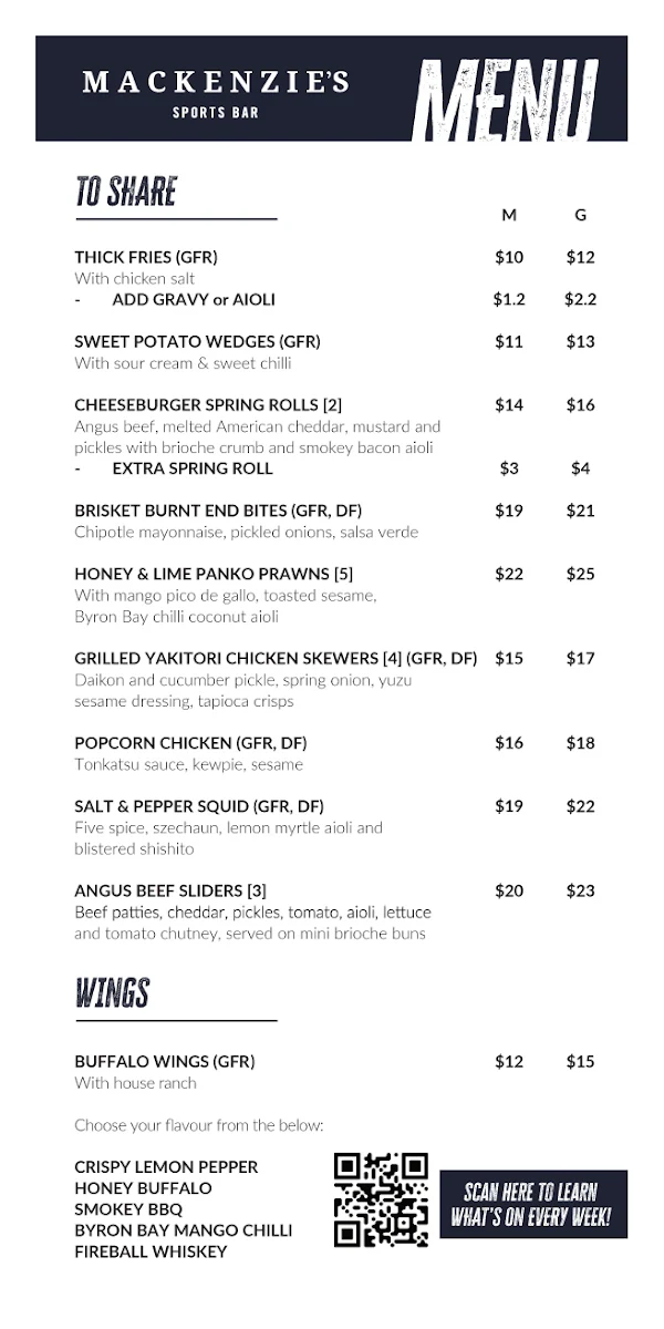 Menu, Mackenzie's Sports Bar