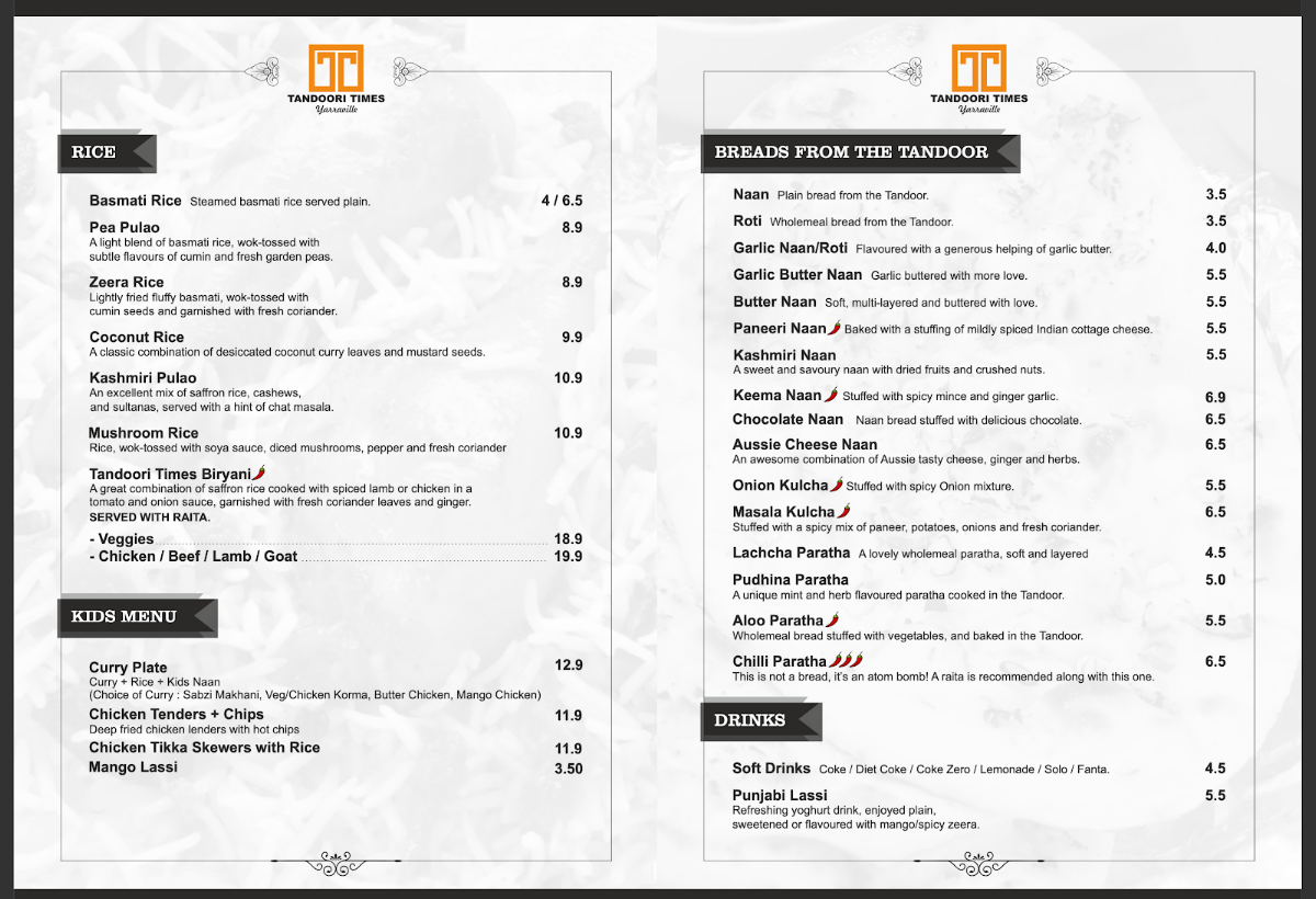 Menu, Tandoori Times