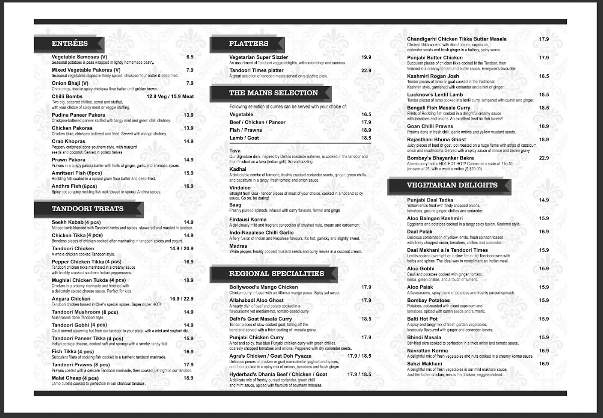 Menu, Tandoori Times