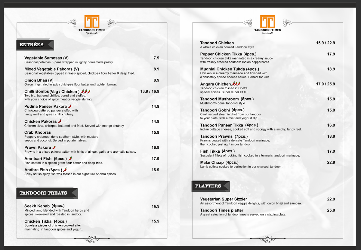 Menu, Tandoori Times