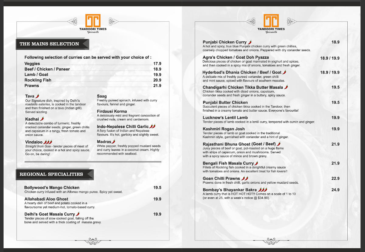 Menu, Tandoori Times
