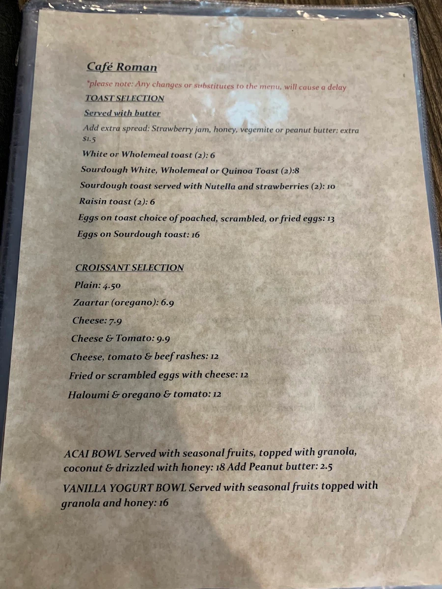 Menu, Cafe Roman