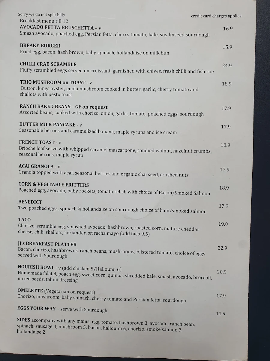 Menu, JJ's Eatery