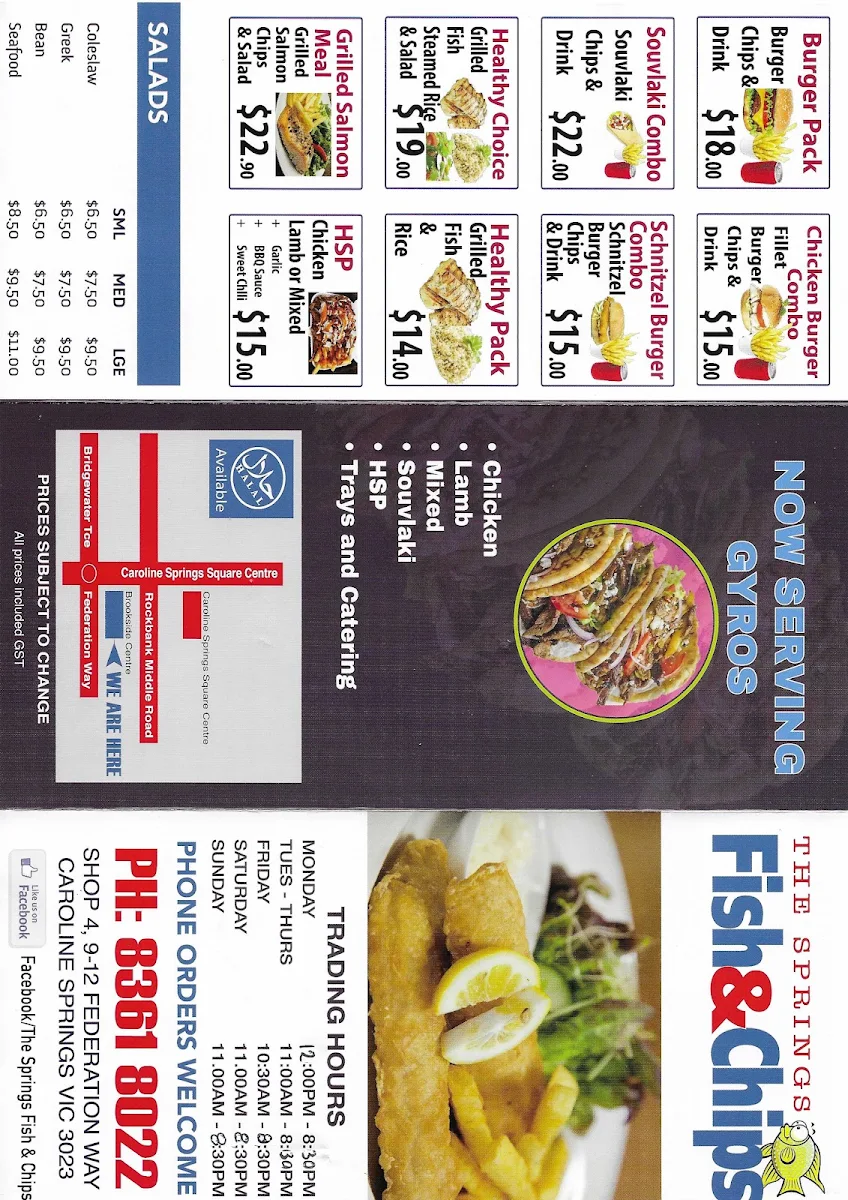 Menu, The Springs Fish & Chips