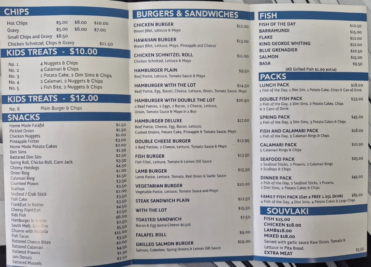 Menu, The Springs Fish & Chips