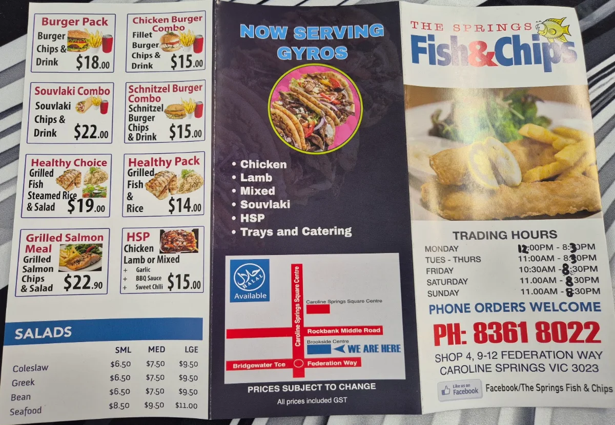 Menu, The Springs Fish & Chips