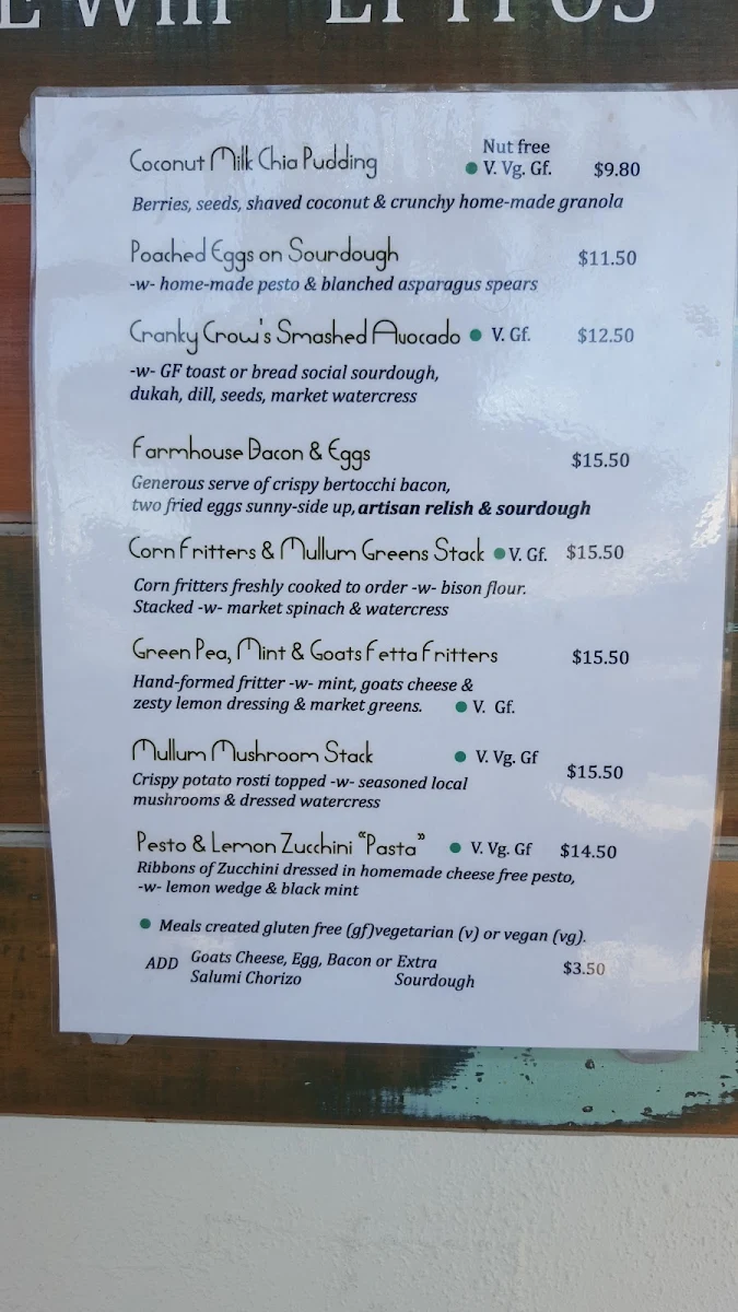 Menu, The Patch Cafe