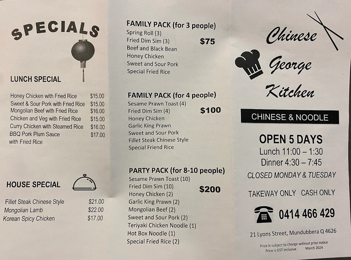 Menu, Chinese Takeaway