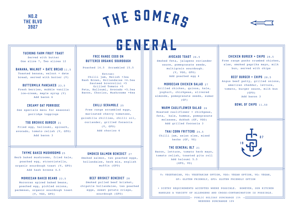 Menu, The Somers General