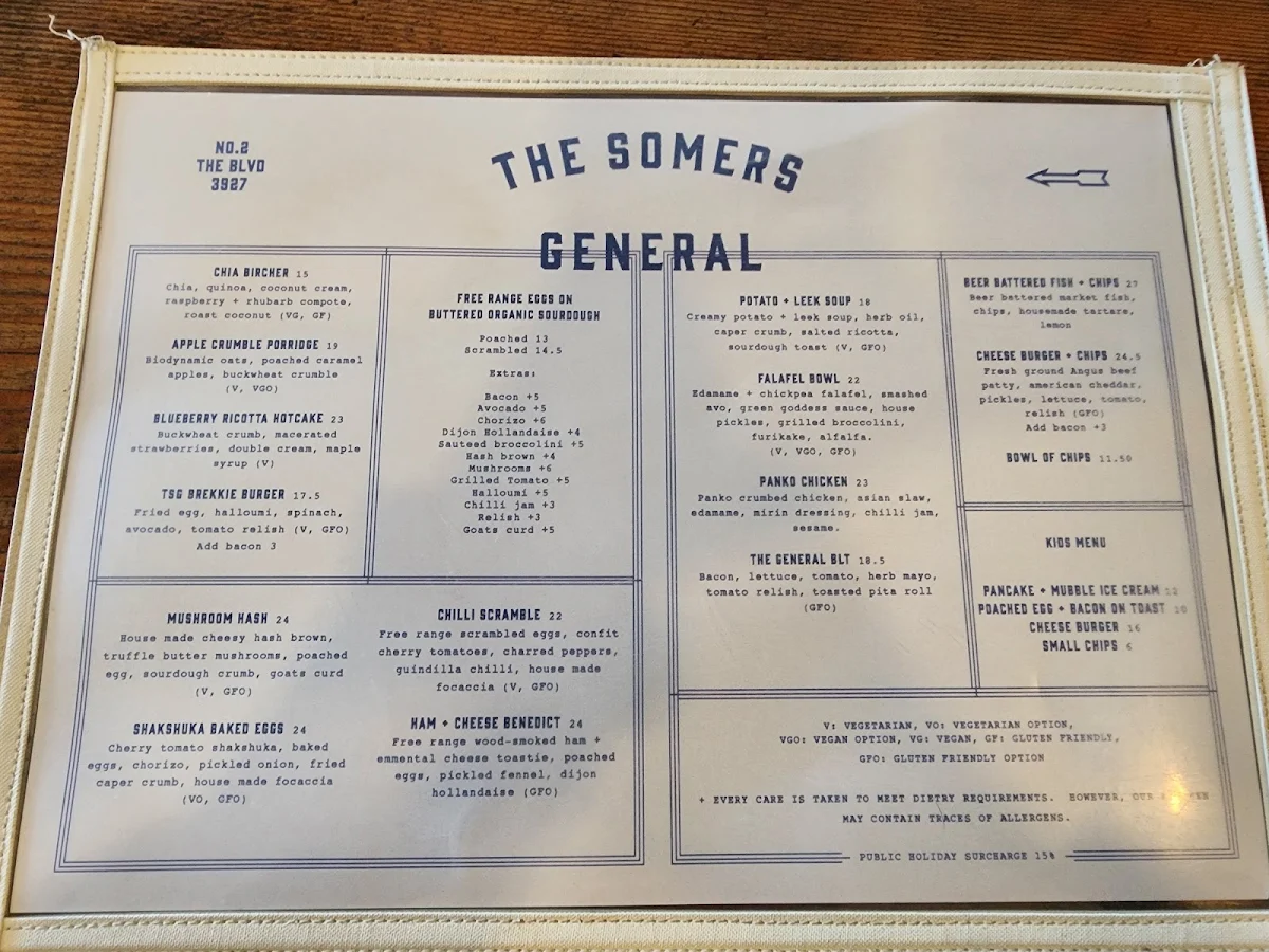 Menu, The Somers General