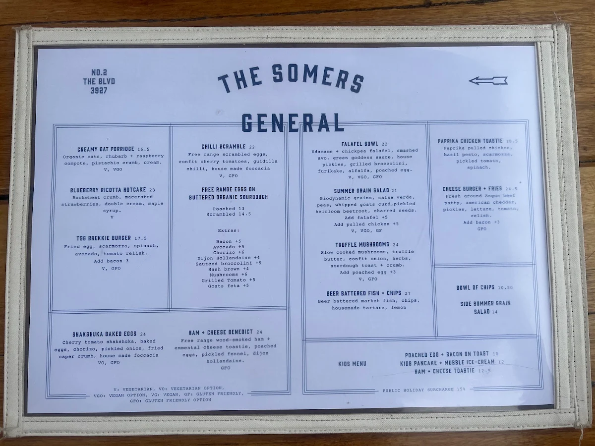 Menu, The Somers General