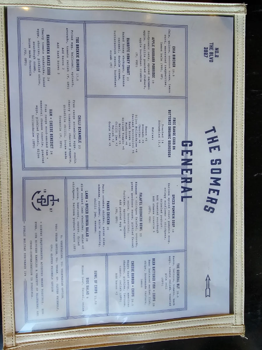 Menu, The Somers General