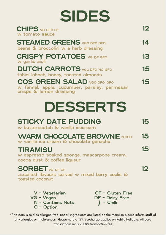Menu, Batesford Hotel