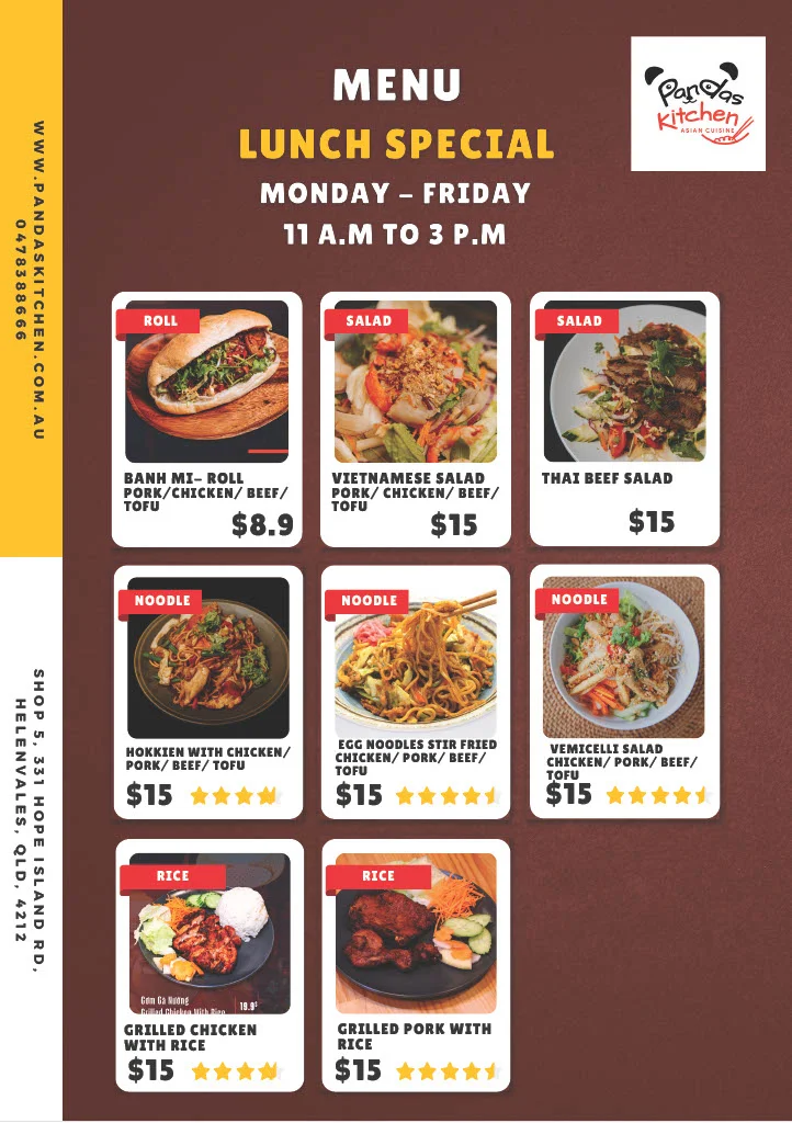 Menu, Pandas Kitchen & Bar