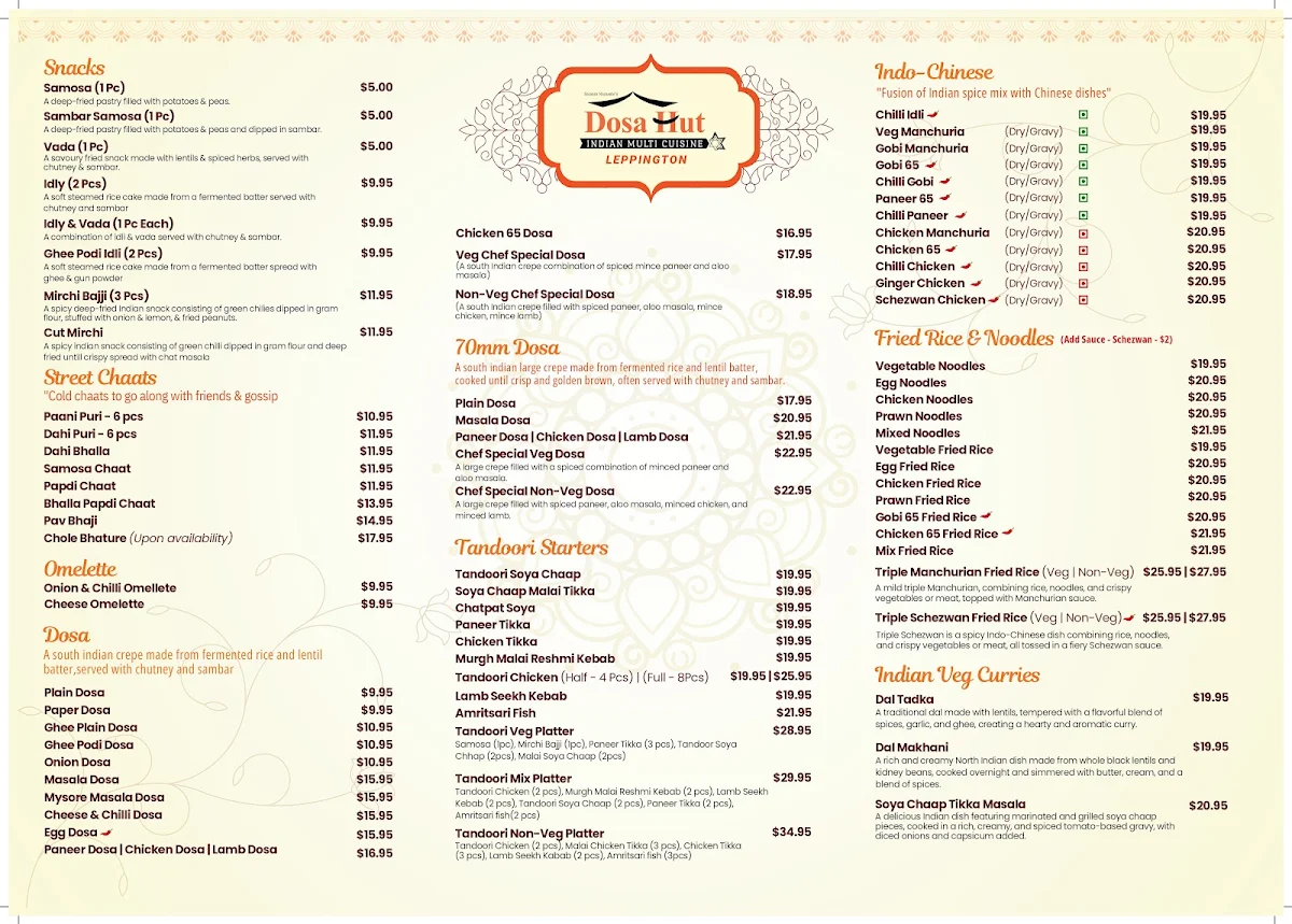 Menu, Dosa Hut Indian Restaurant Leppington