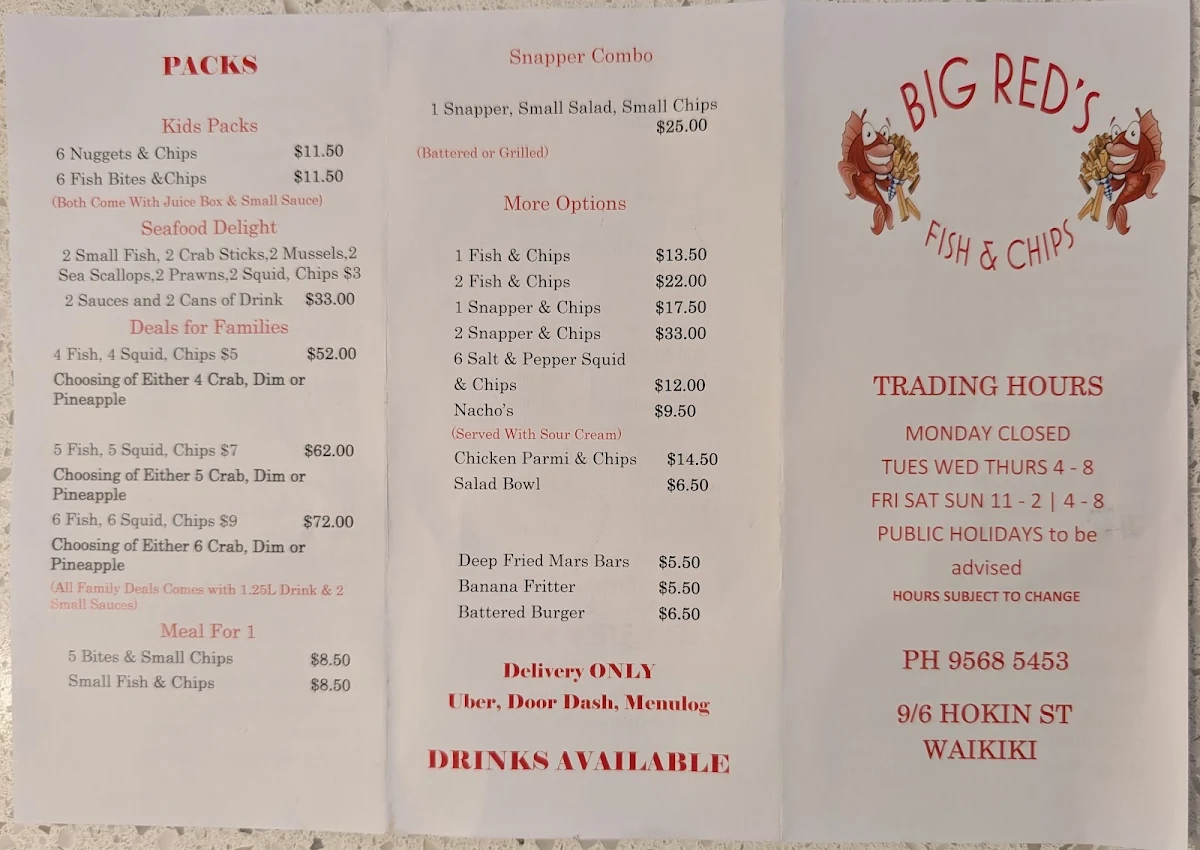 Menu, Big Reds Fish And Chips