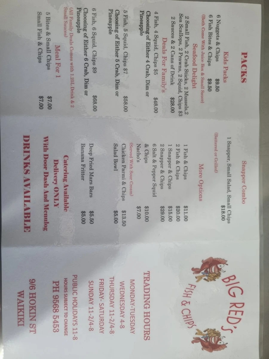 Menu, Big Reds Fish And Chips