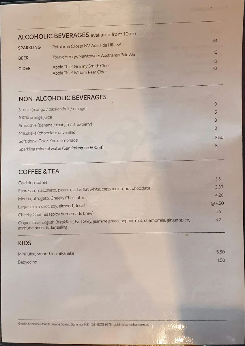 Menu, Goblin Kitchen & Bar