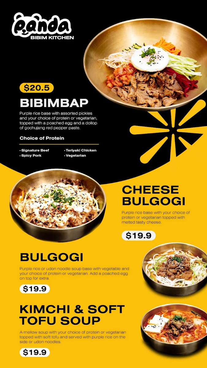Menu, Panda Bibim Kitchen Southland