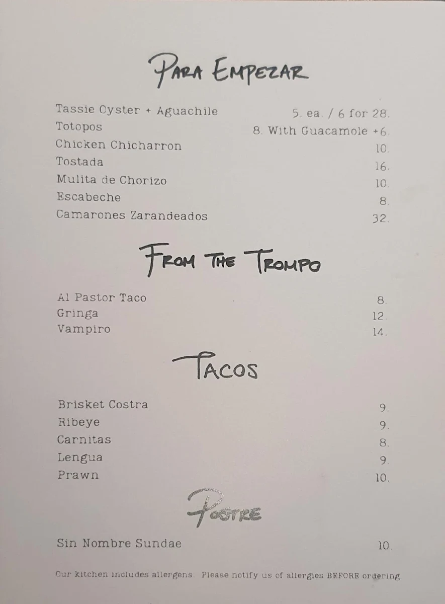 Menu, Taqueria Sin Nombre
