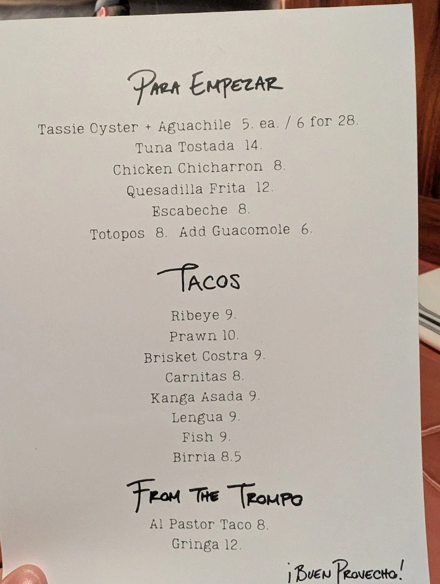Menu, Taqueria Sin Nombre