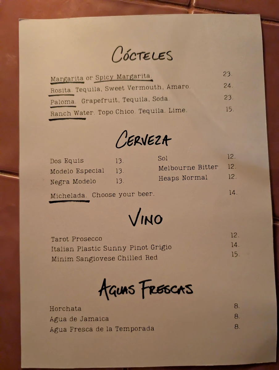 Menu, Taqueria Sin Nombre