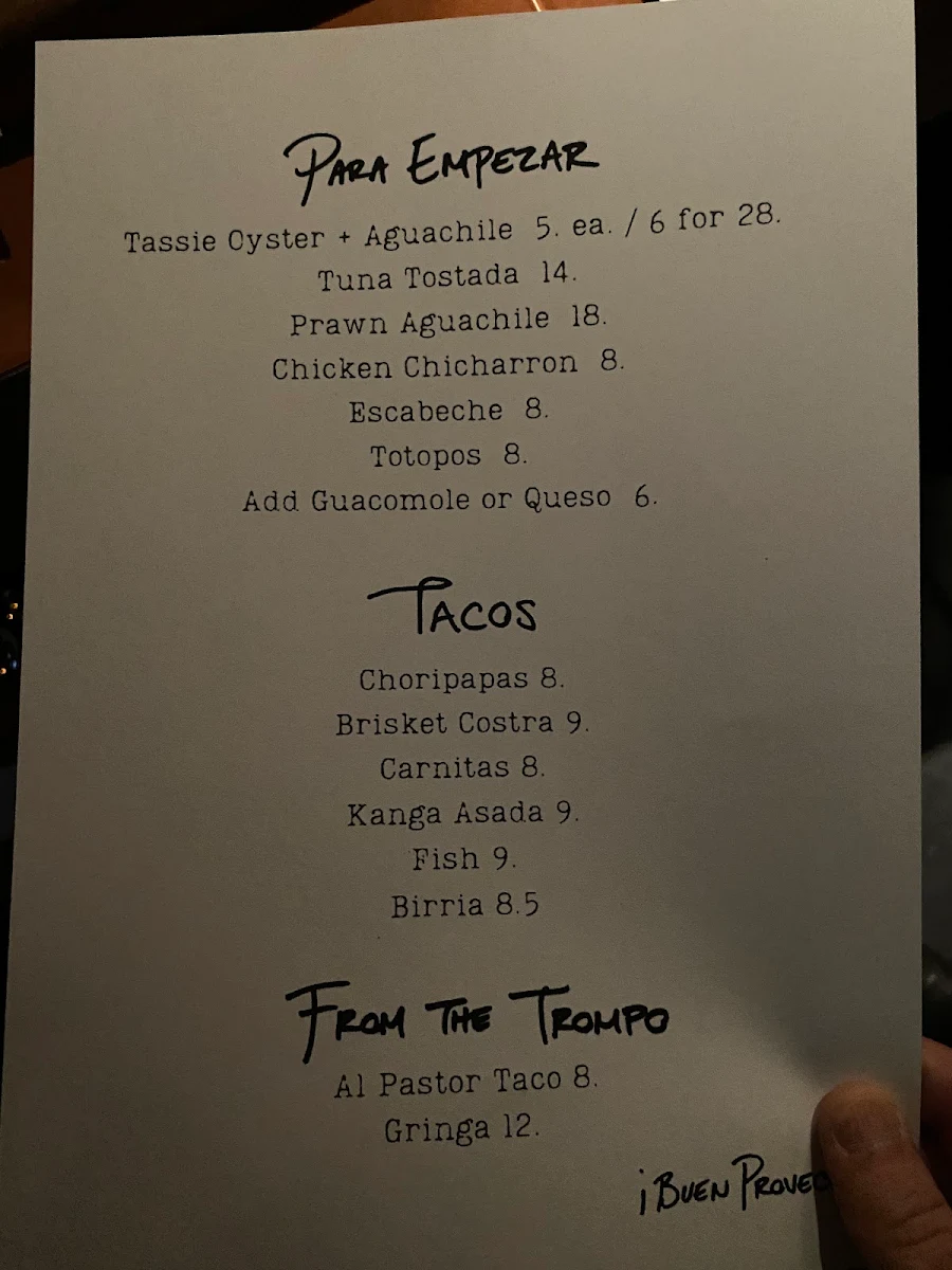 Menu, Taqueria Sin Nombre