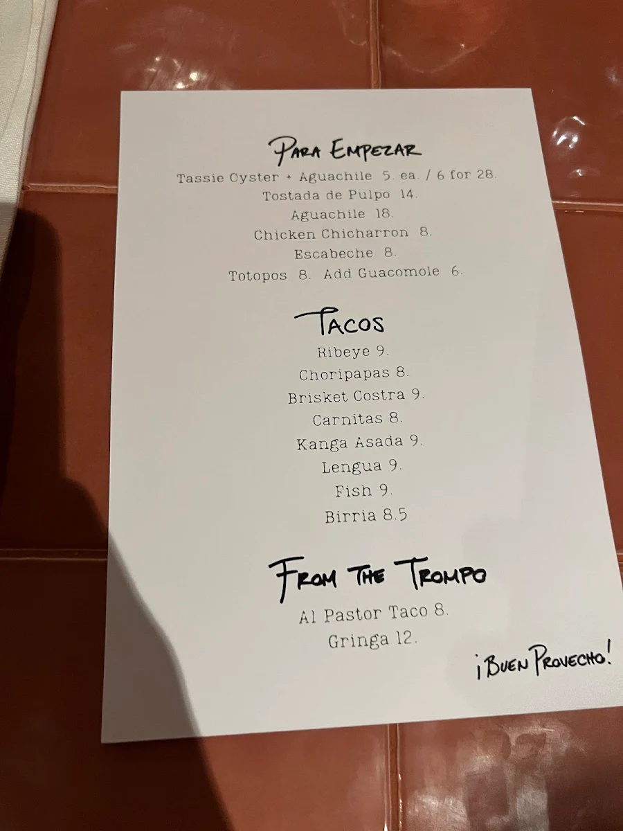 Menu, Taqueria Sin Nombre