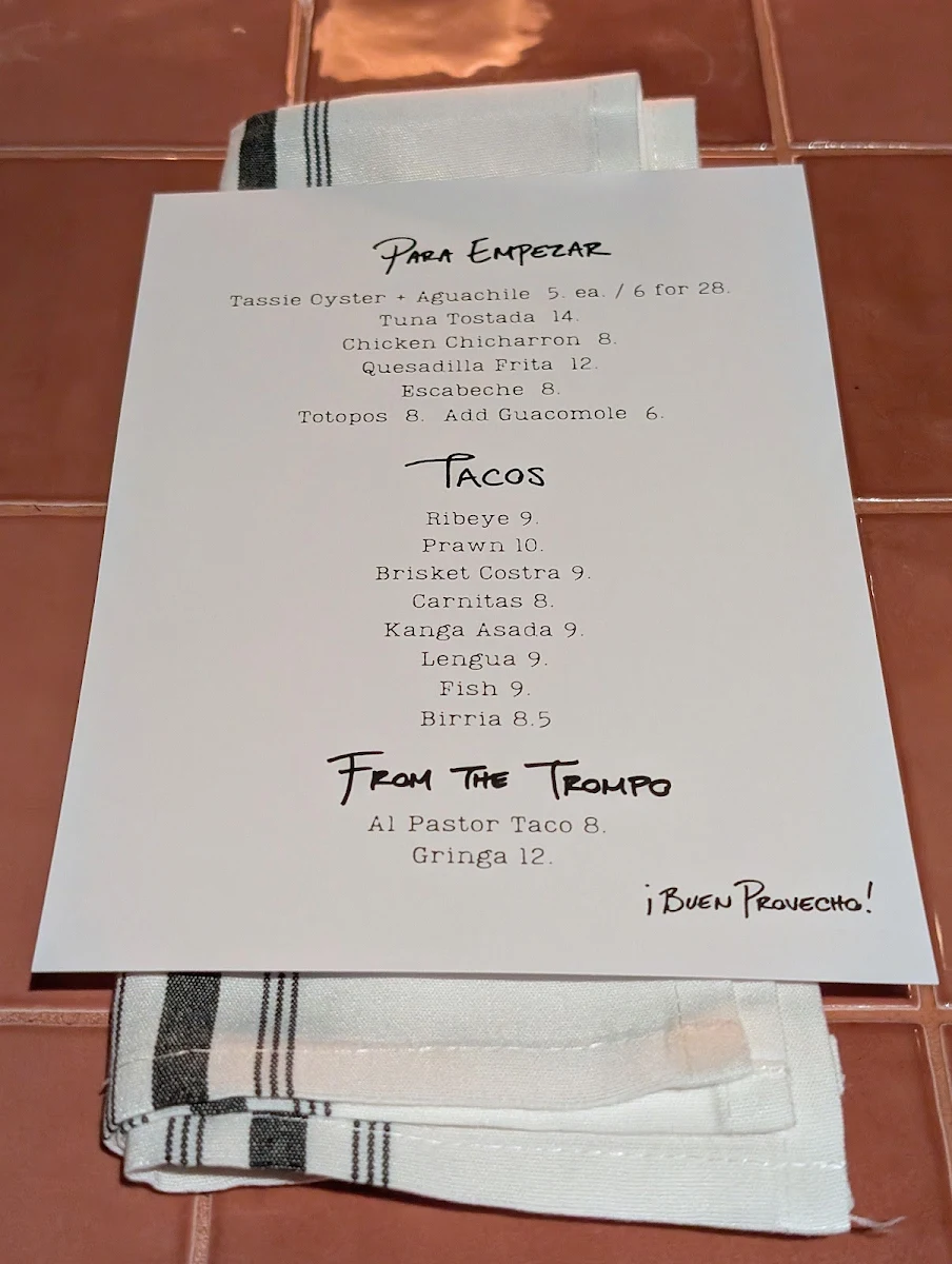 Menu, Taqueria Sin Nombre