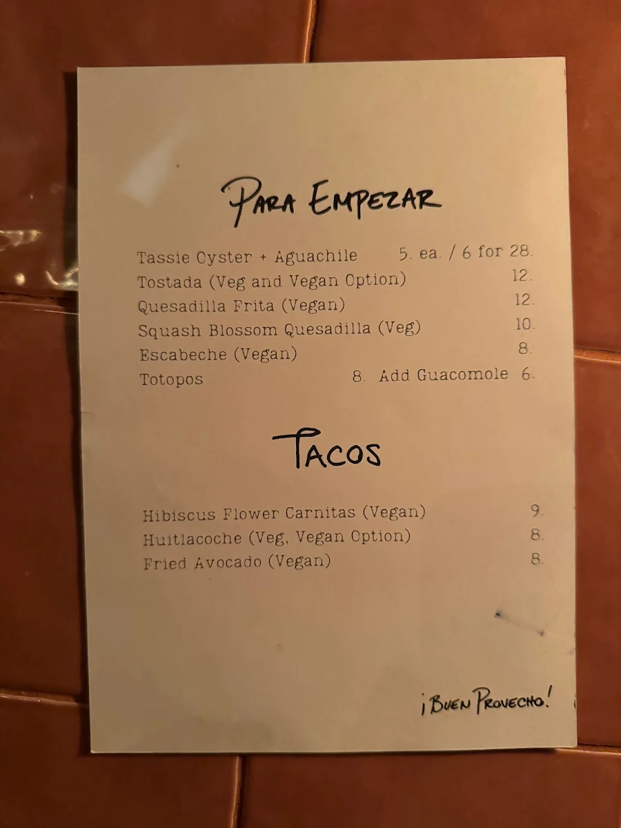 Menu, Taqueria Sin Nombre