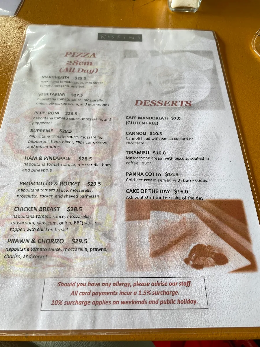 Menu, Rossini Restaurants