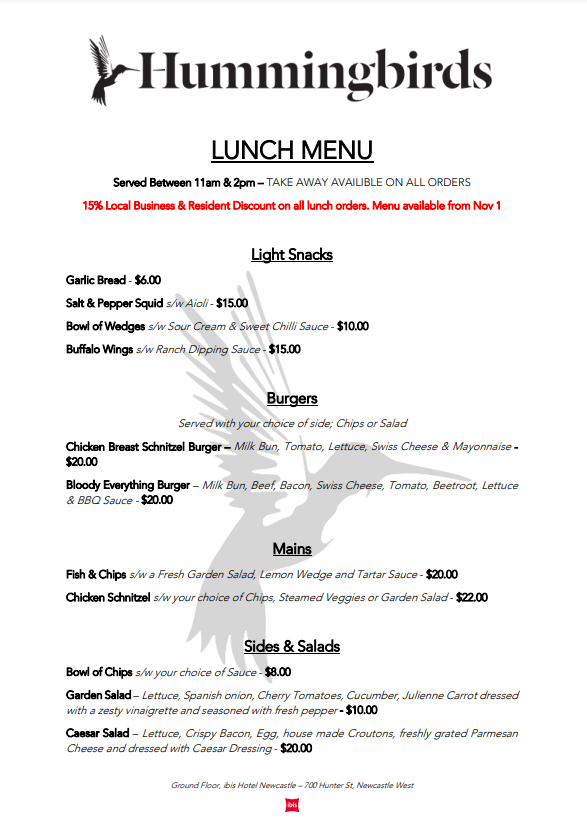 Menu, Hummingbirds Restaurant and Bar